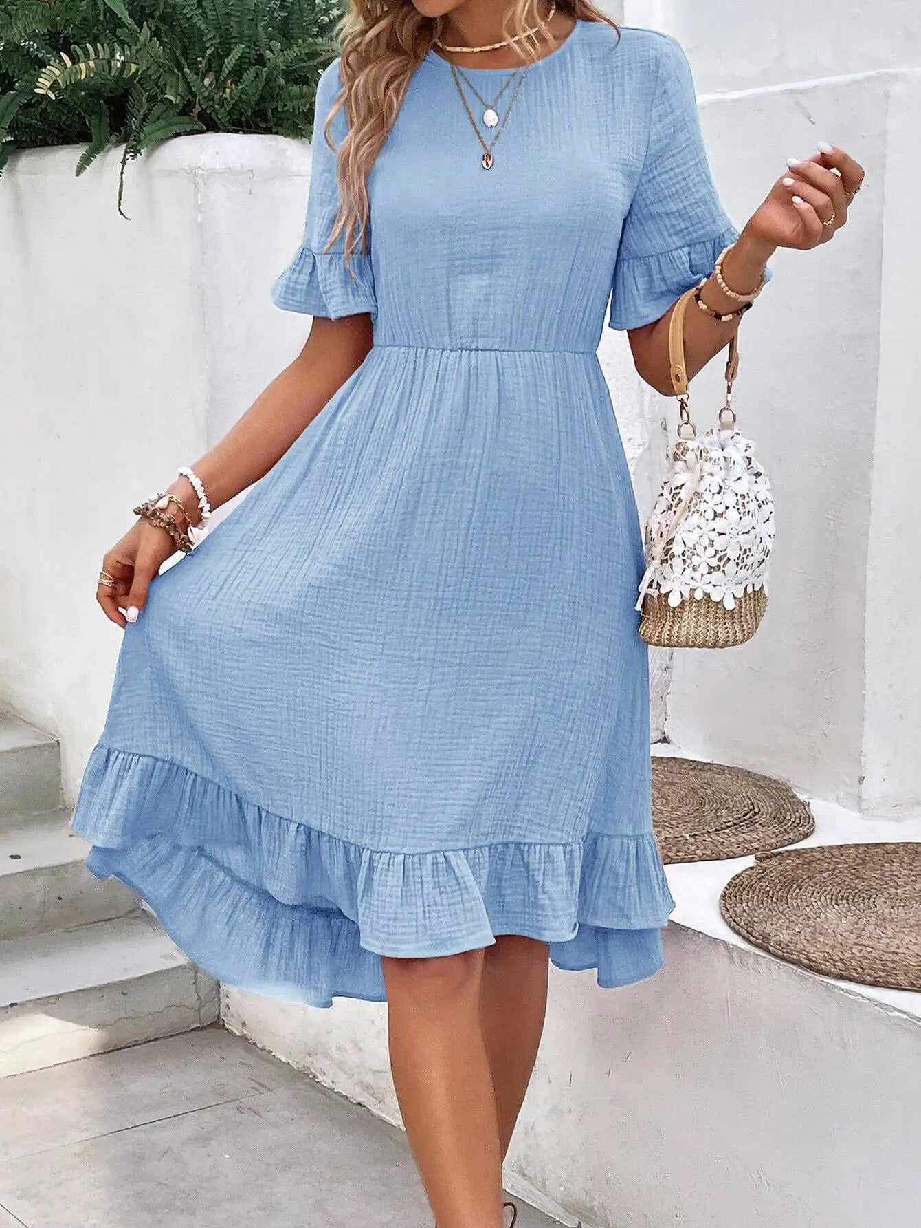 Light Blue Ruffle Trim Midi Dress With Textured Fabric Casual Summer Women Dress