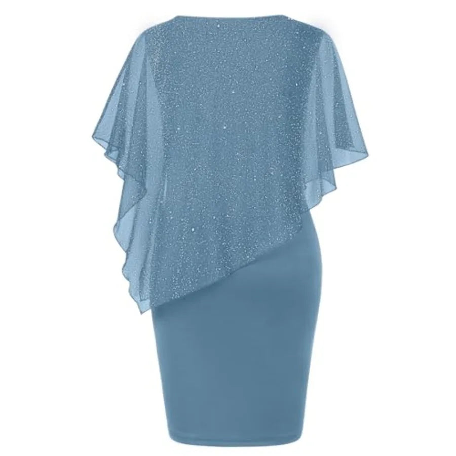 SeSe Code Women's Mesh Cape Overlay Bodycon Knee Length Pencil Dress for Wedding Guest