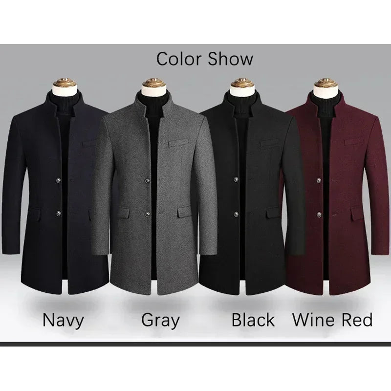 BROWON Brand Business Casual Trench Coat Men Chinese Style Solid Color Winter Coat Men 2026 Autumn and Winter Wool Coat for Men
