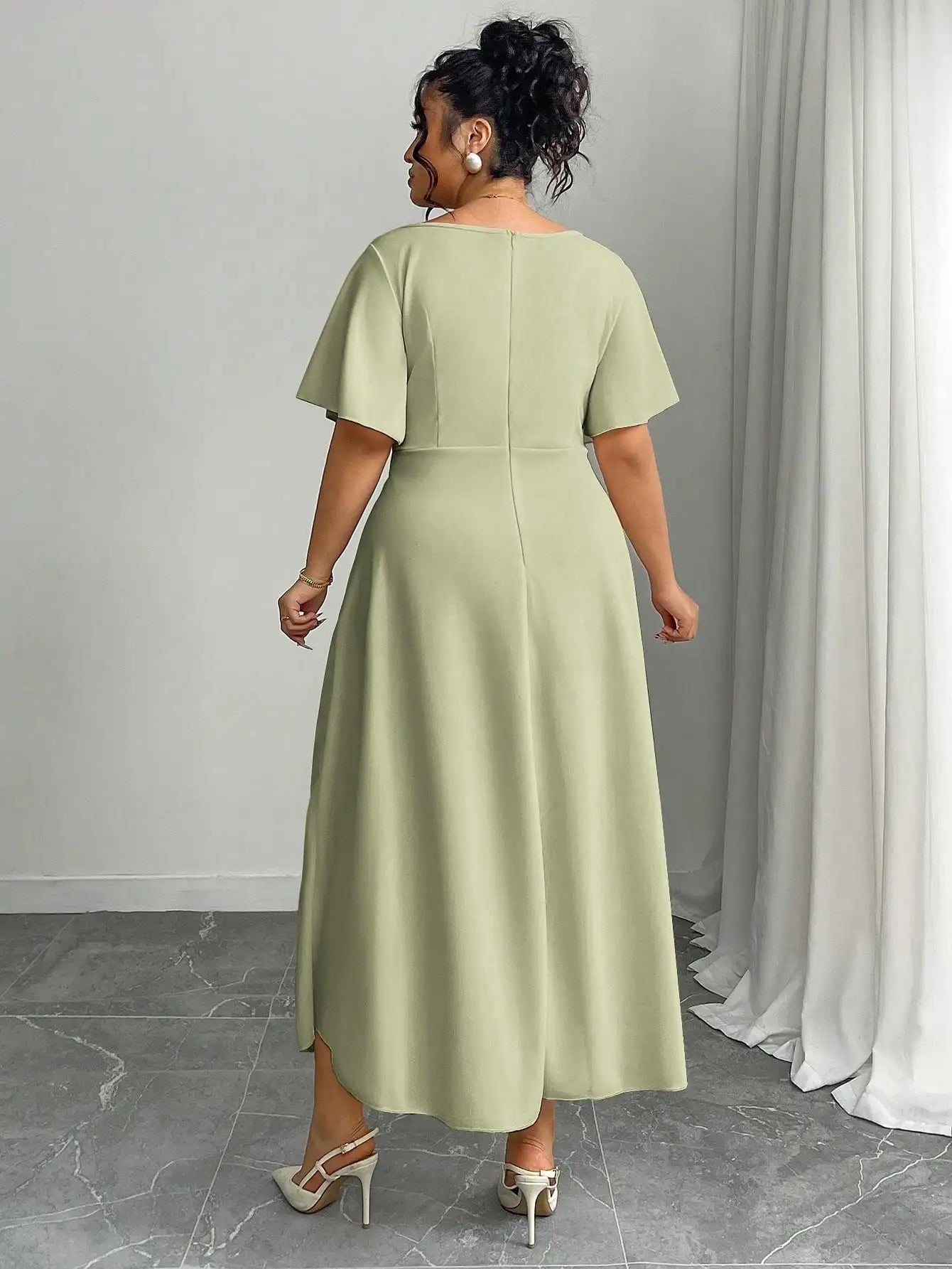 Elegant Plus Size Square Neck Draped Waist A-Line Midi Dress