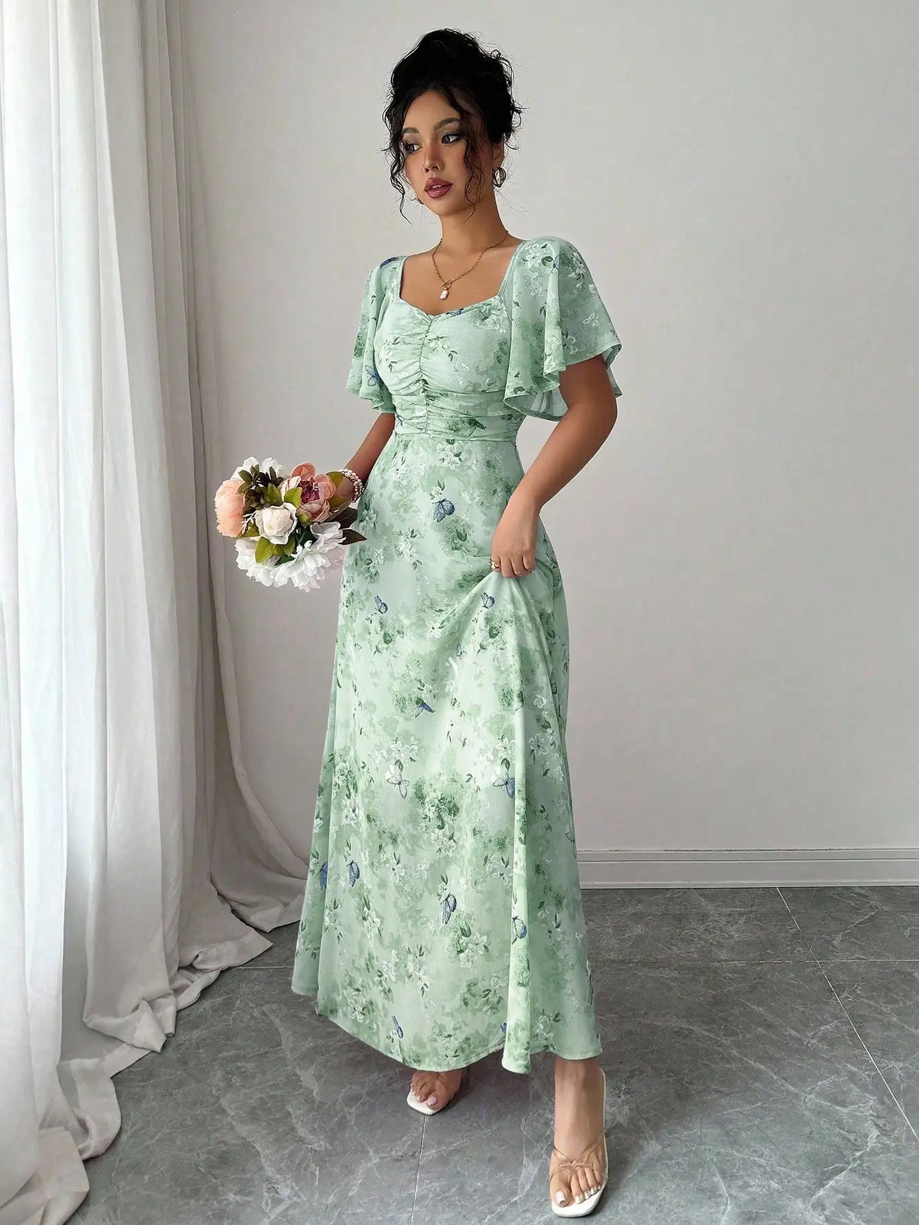 Women's Chiffon Butterfly Print Ruched Square Neck Batwing Sleeve Maxi Dress