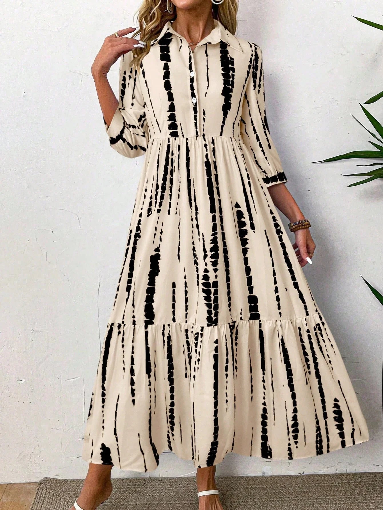 Women Tie Dye Print Casual Shirt Dress With Tiered Skirt And Button Front