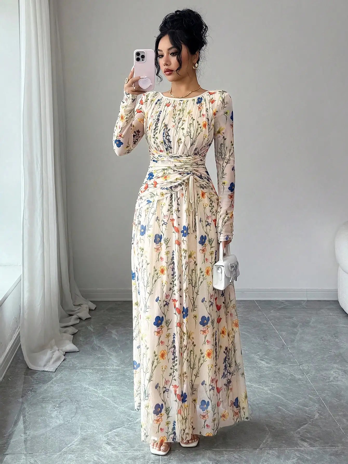 Elegant Floral Print Long Sleeve Maxi Dress With Drawstring Waist