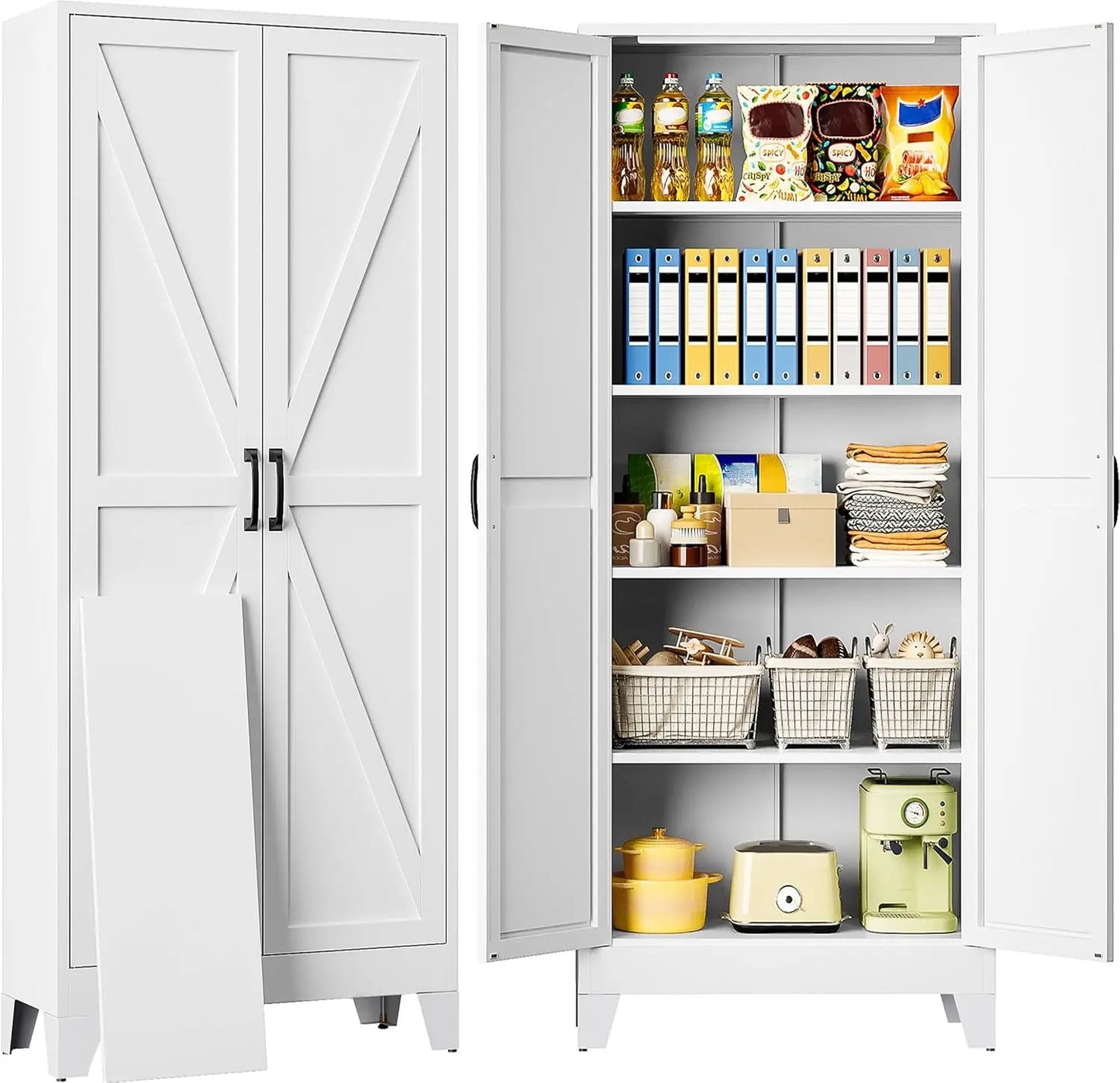 72" Tall Pantry Storage Cabinet with 2 Doors 5 Shelves Farmhouse White Cupboard for Kitchen Bathroom Living Room, Custom