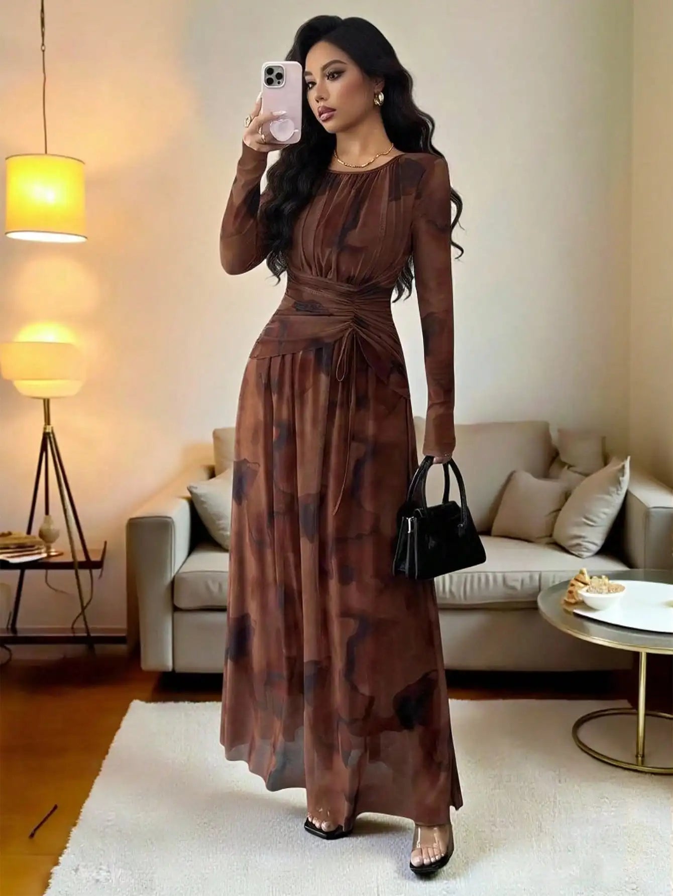 Elegant Floral Print Long Sleeve Maxi Dress With Drawstring Waist