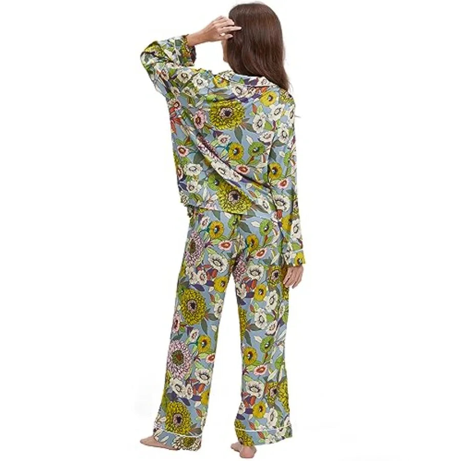 YiNi LuLu Womens Silk Satin Pajamas Set Button Down 2 Pcs Pjs Long Sleeve Oversized Sleepwear with Pockets