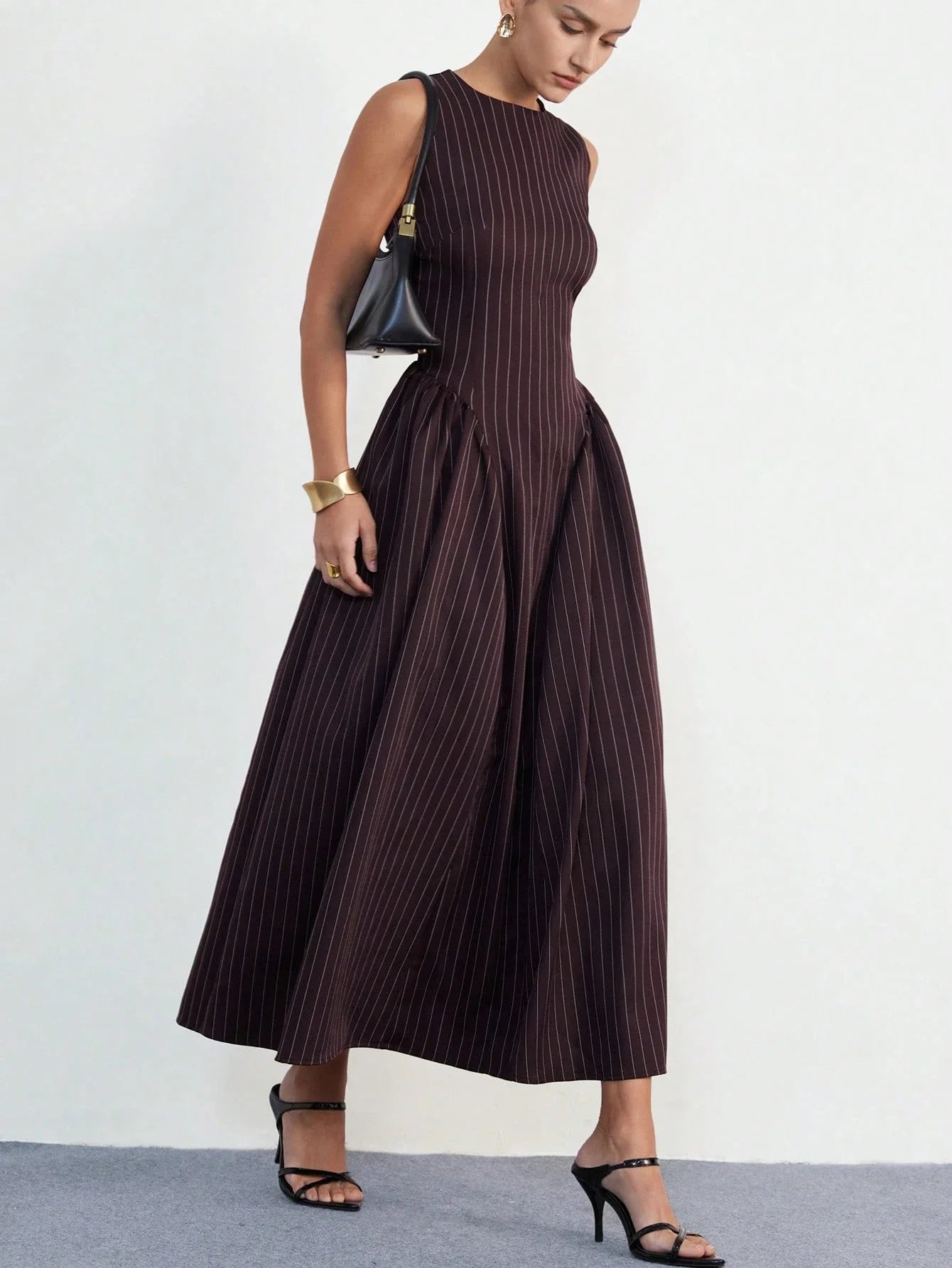 Sleeveless Pinstripe Princess Dress With Ruched Flared Skirt Round Neck Waist Cinched Elegant Midi Dress