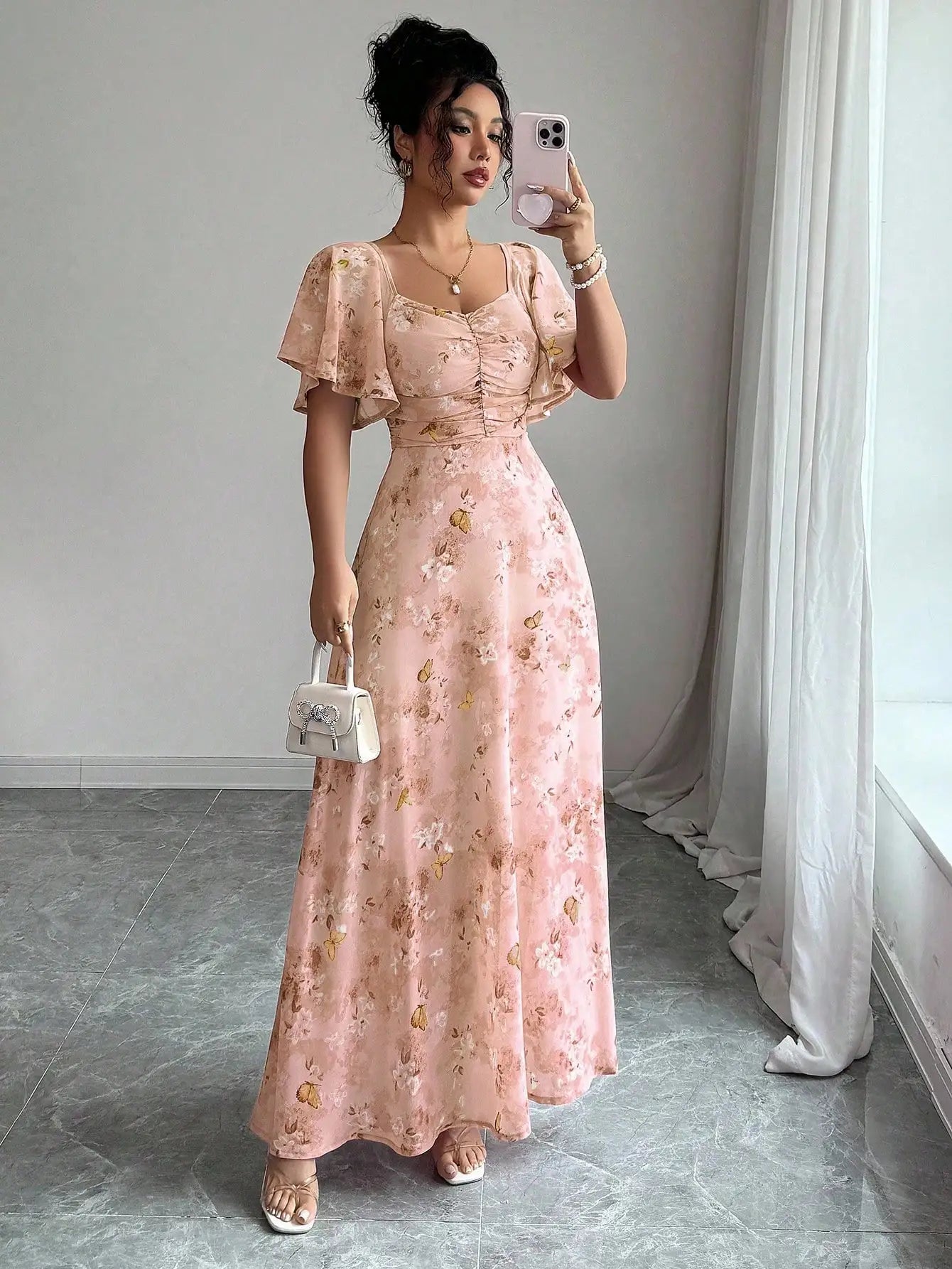 Women's Chiffon Butterfly Print Ruched Square Neck Batwing Sleeve Maxi Dress