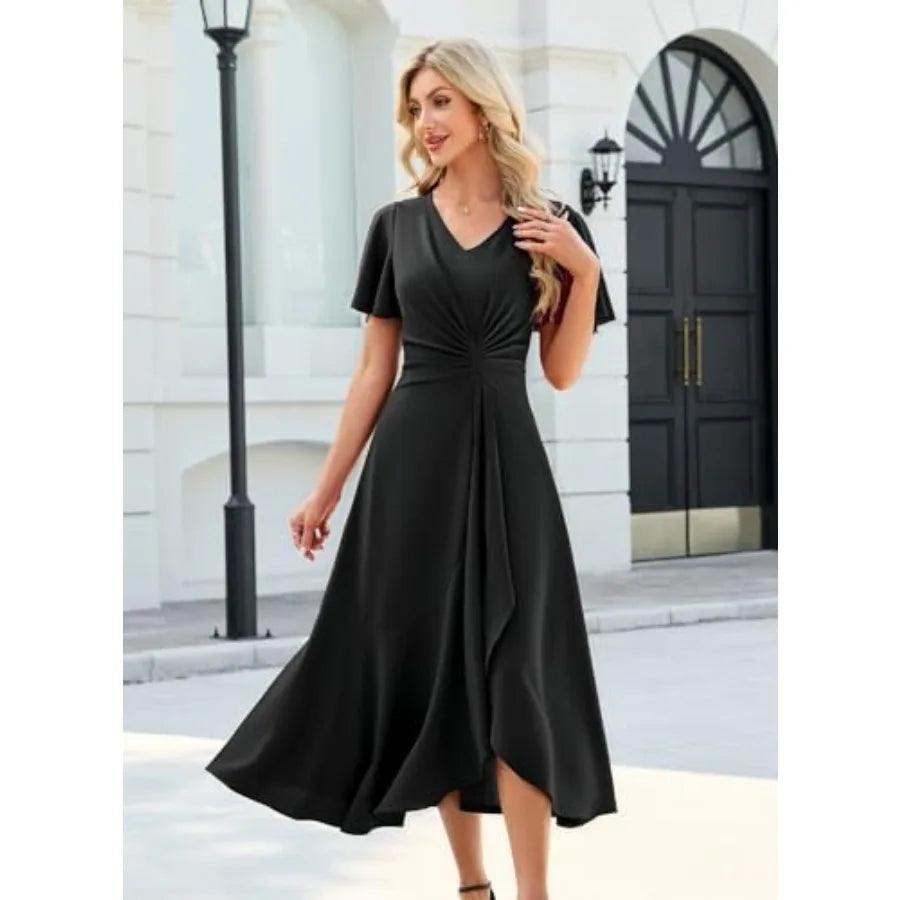 QMZ Wedding Guest Dresses for Women Have Pockets Cocktail Dress Ruffle Sleeve A Line Evening Party Formal Dresses for Women