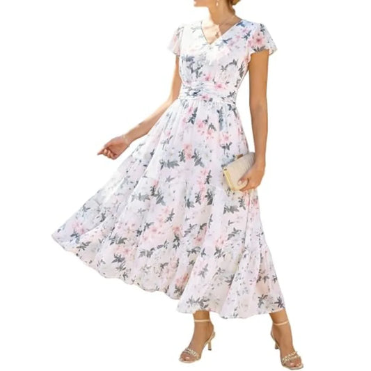GRACE KARIN 2026 Women Summer Dress, Maxi Short Sleeve Floral Dresses, Semi Formal Flowy Wedding Guest Dress with Pocket