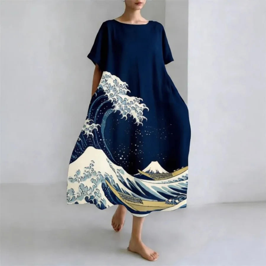 2026 European and American vacation style hit watercolor flower print dress loose mid-length dress
