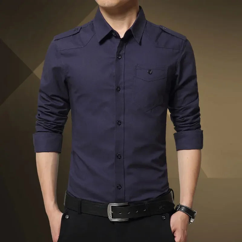 Browon Mens Casual Military Style Epaulet Cotton Shirt