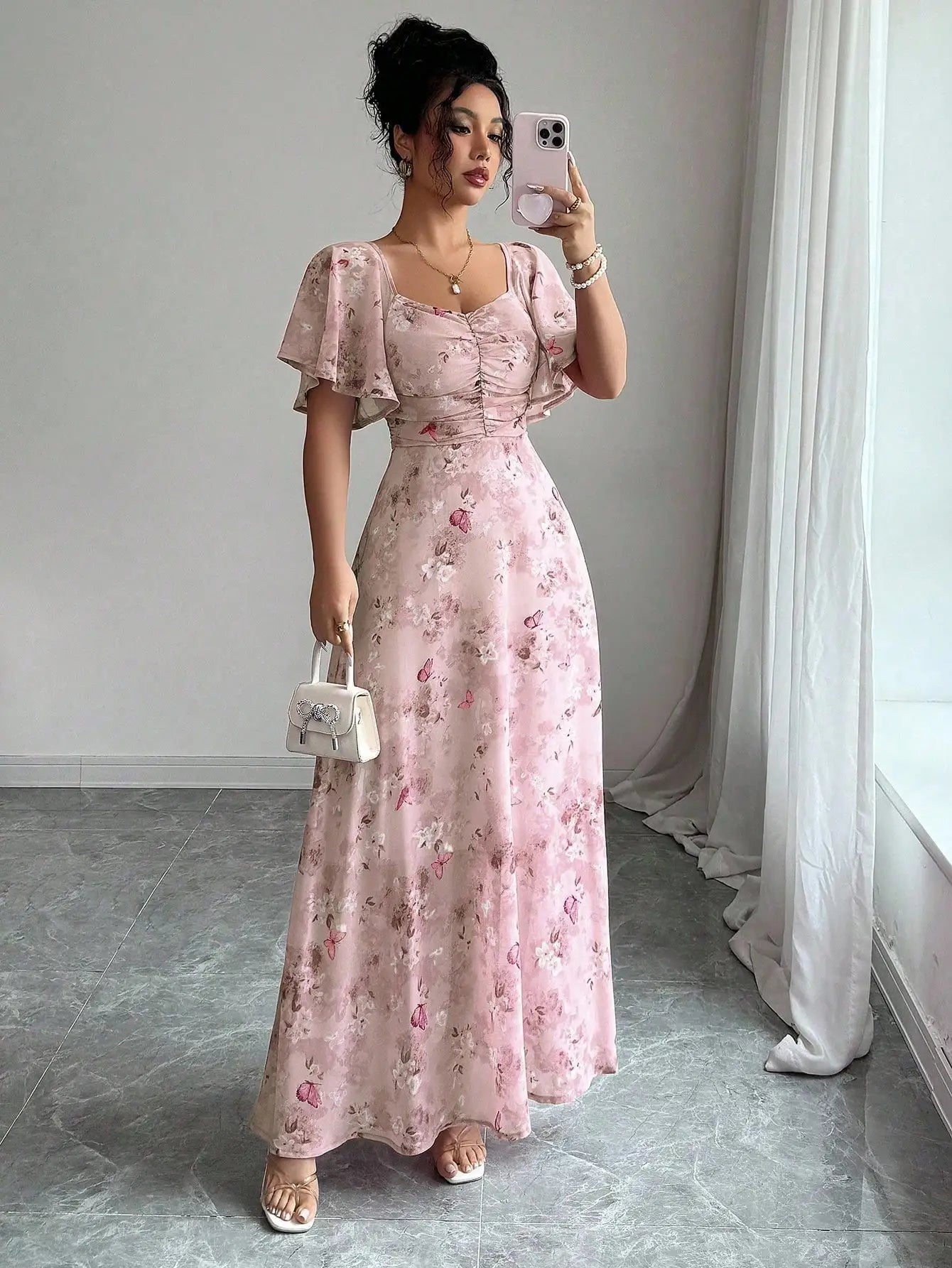 Women's Chiffon Butterfly Print Ruched Square Neck Batwing Sleeve Maxi Dress