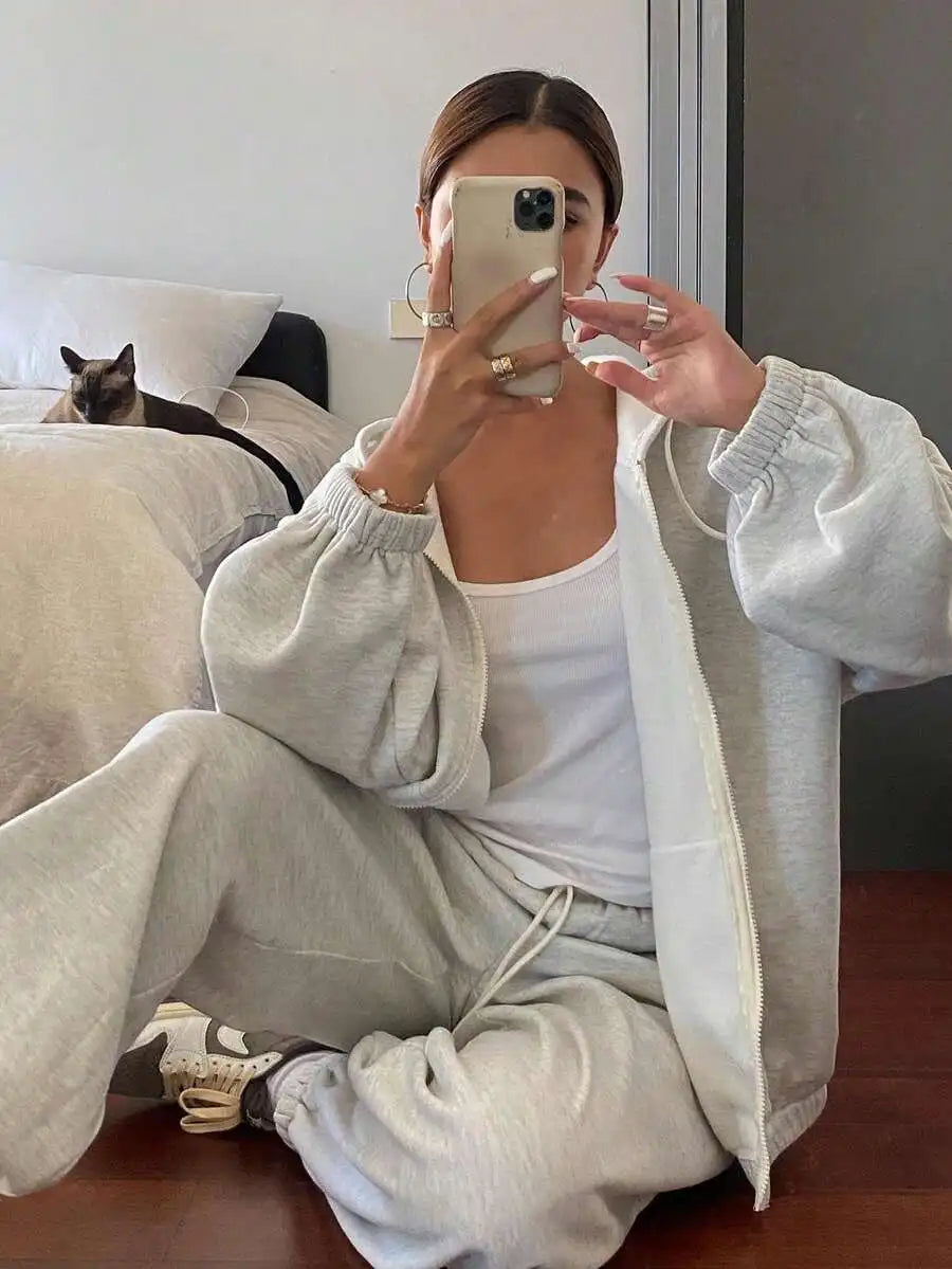Women Loose Solid Color Drop Shoulder Long Sleeve Hoodie And Sweatpants Thermal Lined Tracksuit Set Autumn Winter