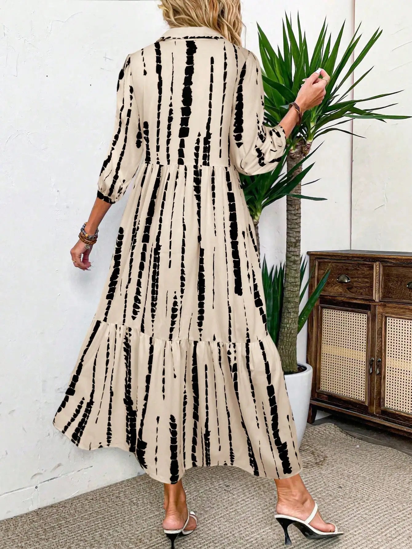 Women Tie Dye Print Casual Shirt Dress With Tiered Skirt And Button Front