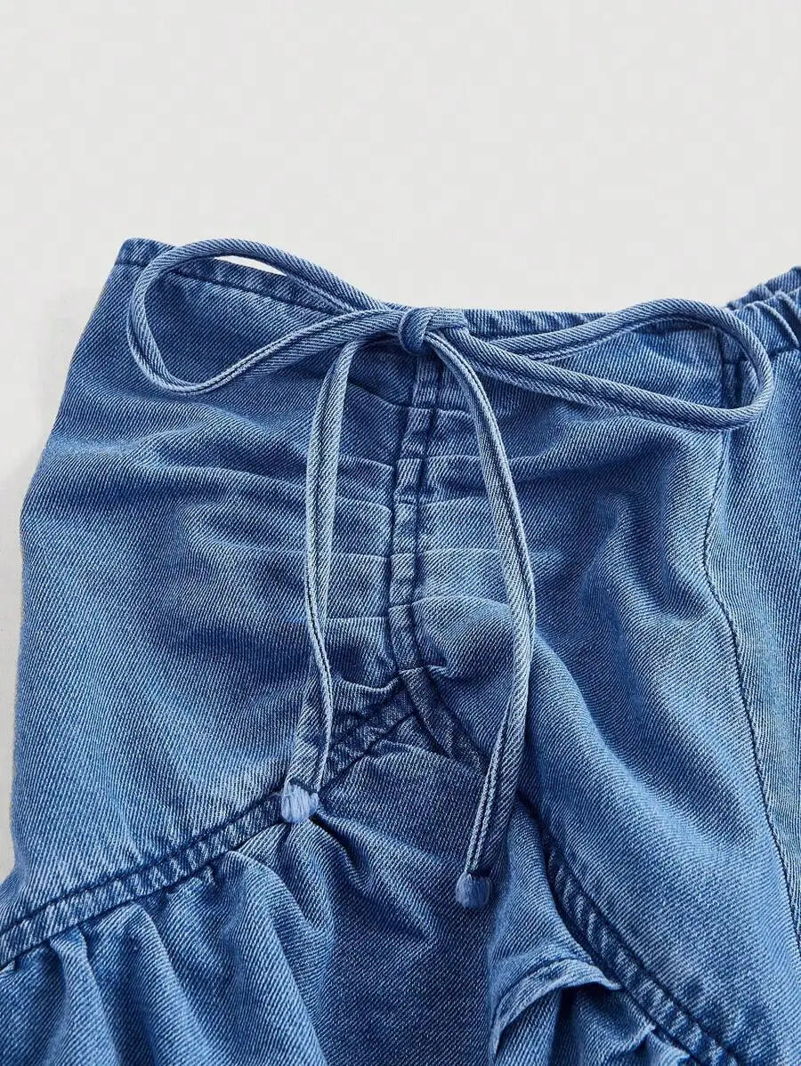 Women's Denim Skirt with Tiered Ruffles and Drawstring Waist