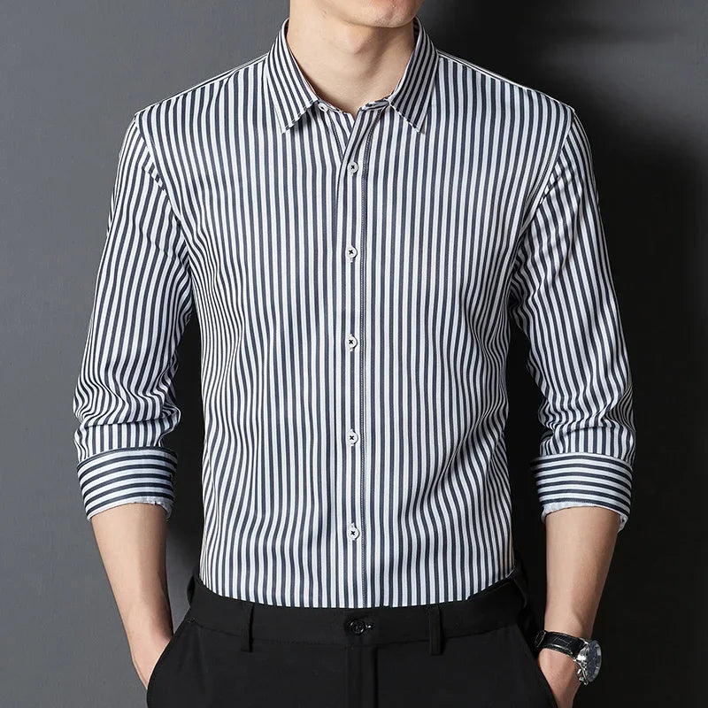 BROWON Brand 2026 Spring Long Sleeve Formal Shirt Men Manage Striped Business Shirts for Man Slim-fit Elasticity Work Man