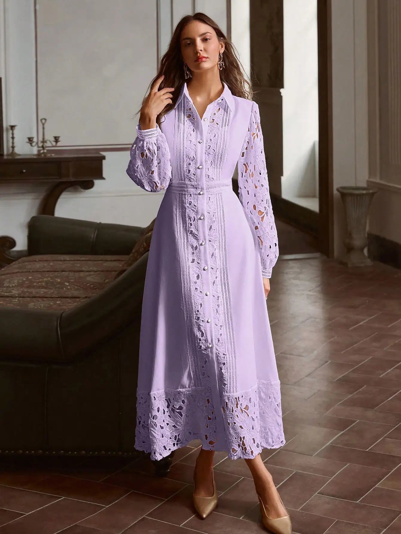 Elegant Solid Sky Blue Hollow Lace Patchwork Button Down Dress Vintage Style