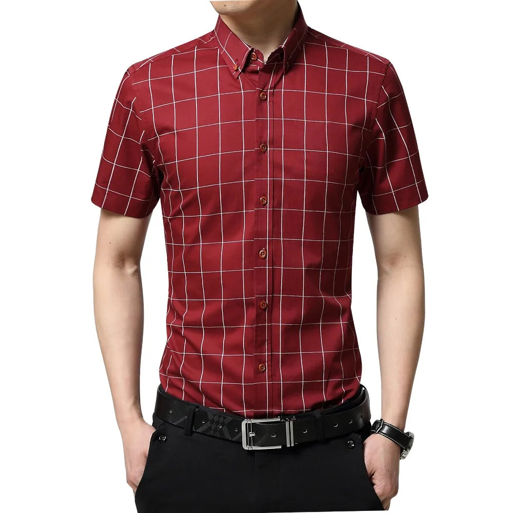 BROWON Men Plaid Short Sleeve Business Casual Shirt