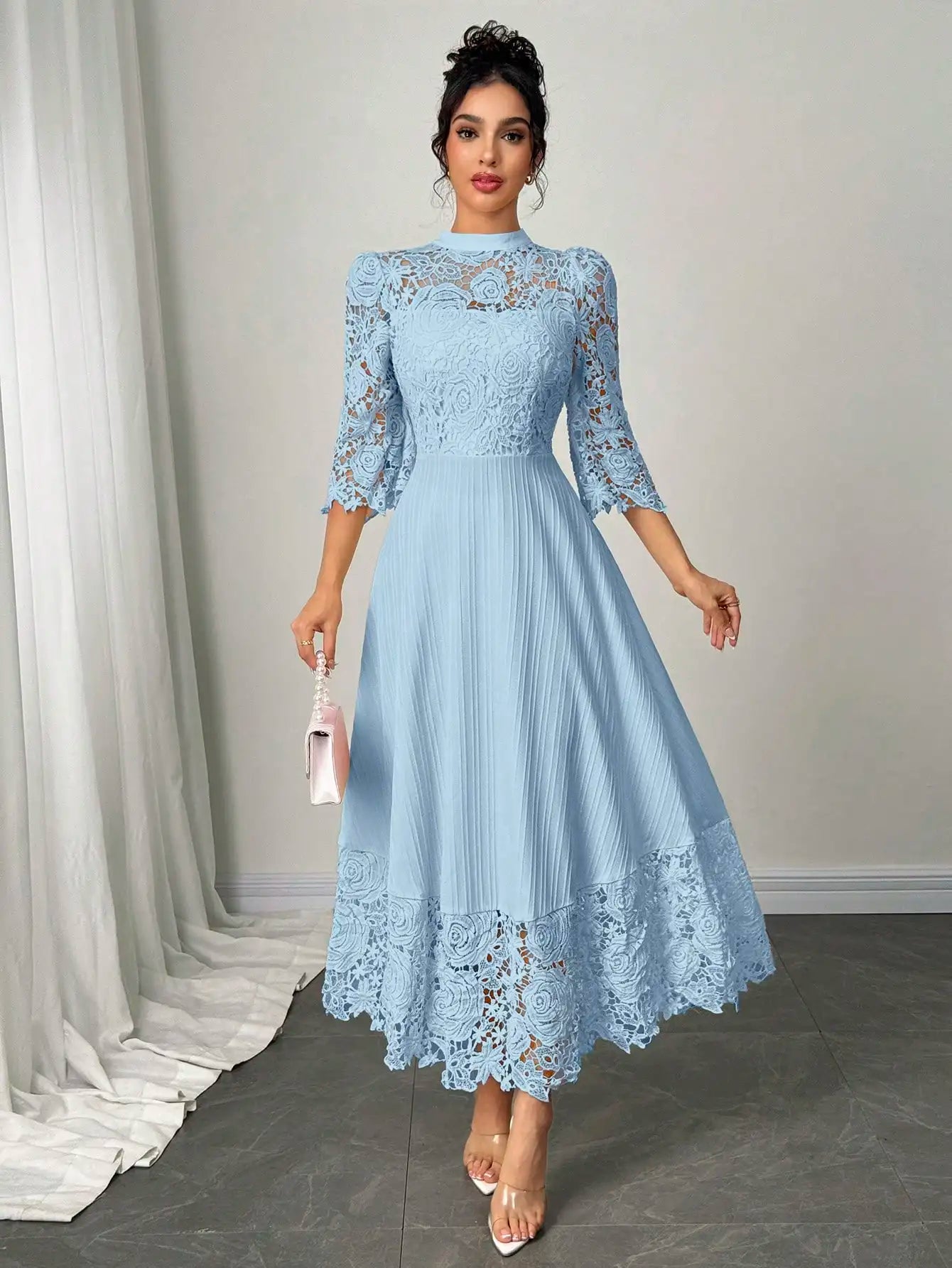 Yellow Lace Embroidered Floral Maxi Dress With Pleated Skirt And Flare Sleeves