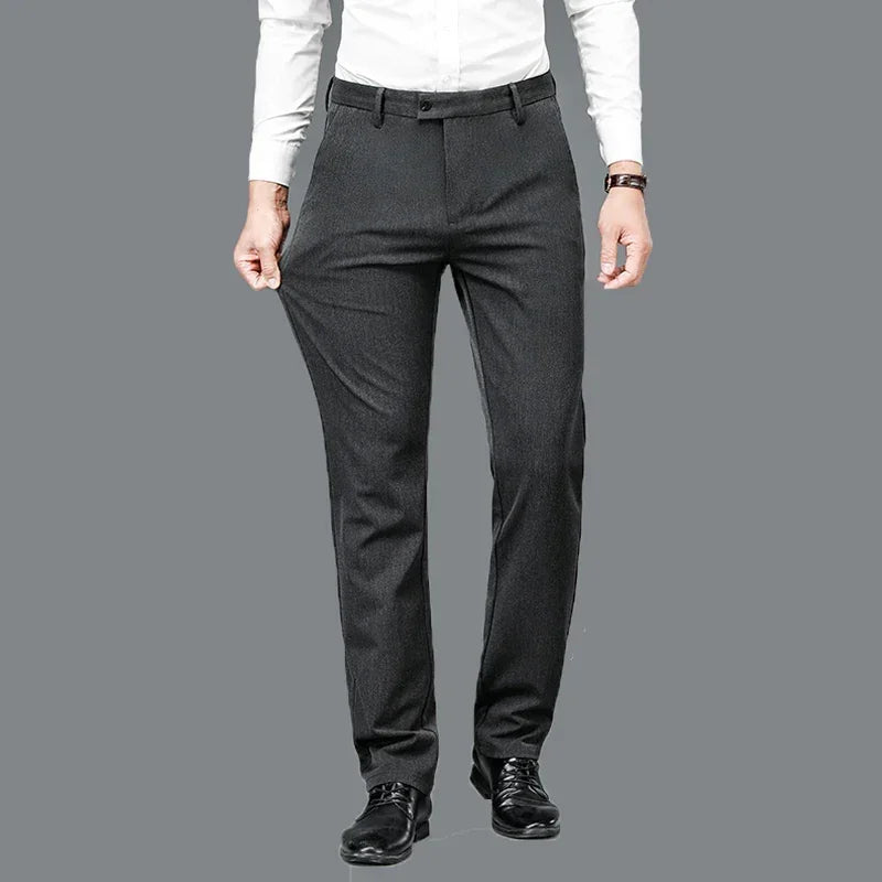 BROWON 2026 Antumn Winter Straight Suit Pants Men Solid Color Brushed Elastic Work Trousers Black Trouser for Mam