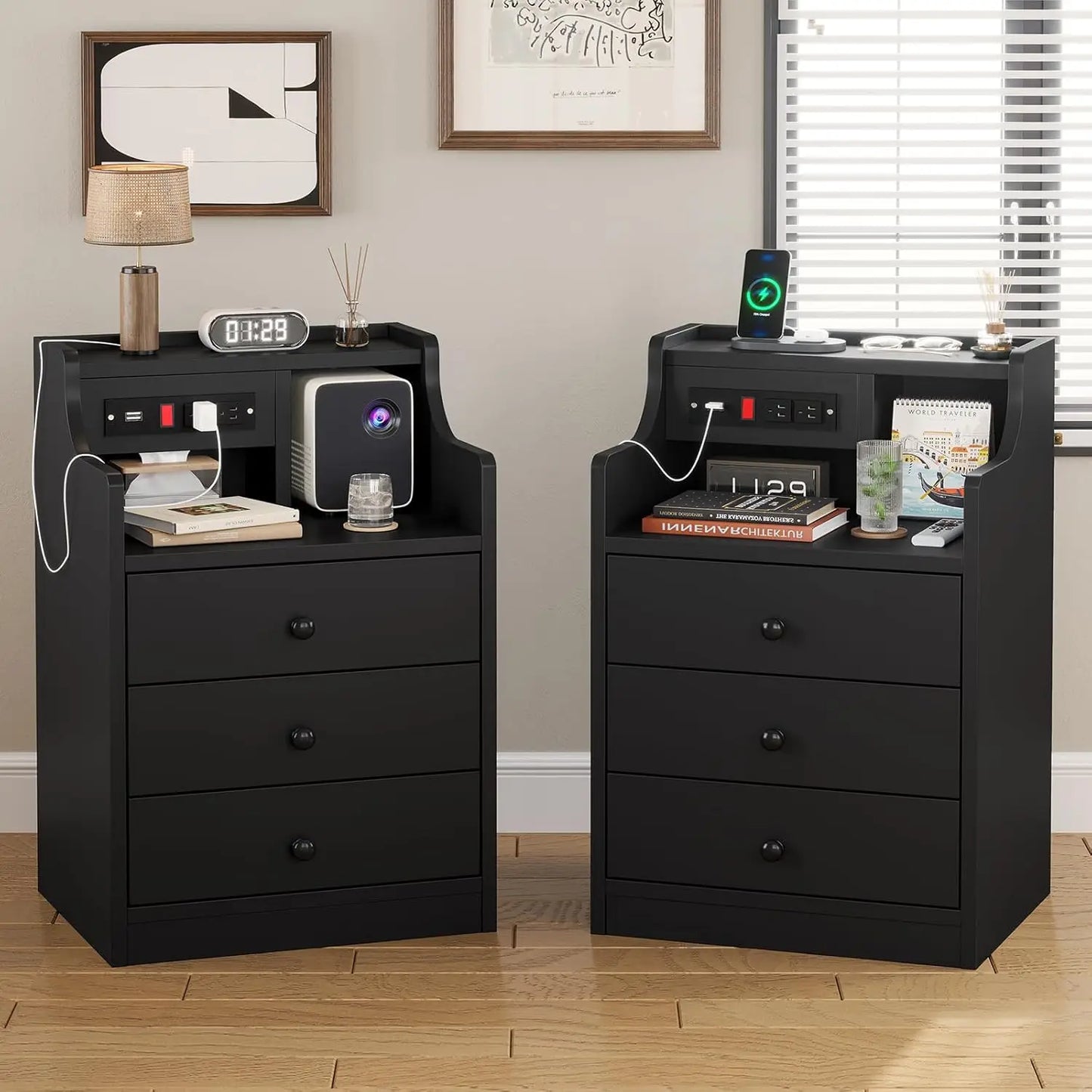 Night Stand Set 2,Pink Nightstand with Charging Station & Hutch,Night Stands for Bedrooms Set of 2,Bedside Table, Customized