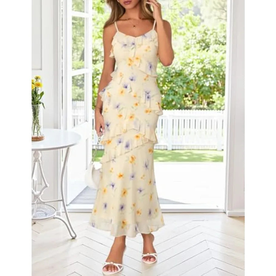 MEROKEETY Summer Floral Wedding Guest Maxi Dress Women 2026 Vacation Formal Bodycon Spaghetti Strap Cocktail Party Long Dress
