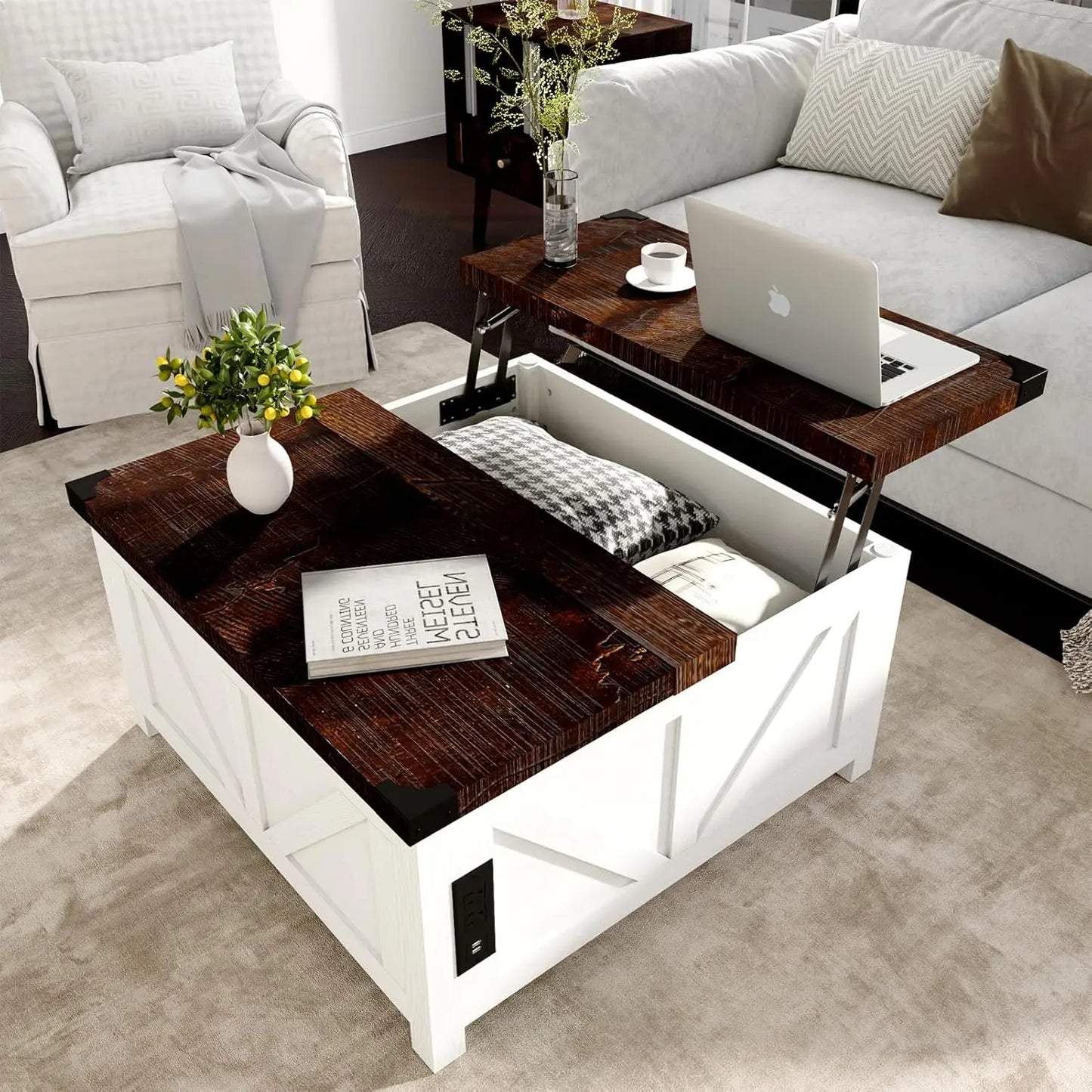 Farmhouse Lift Top Coffee Table with Storage, Wood Square Center Table with Charging Station&USB Port, Living Room, Customized