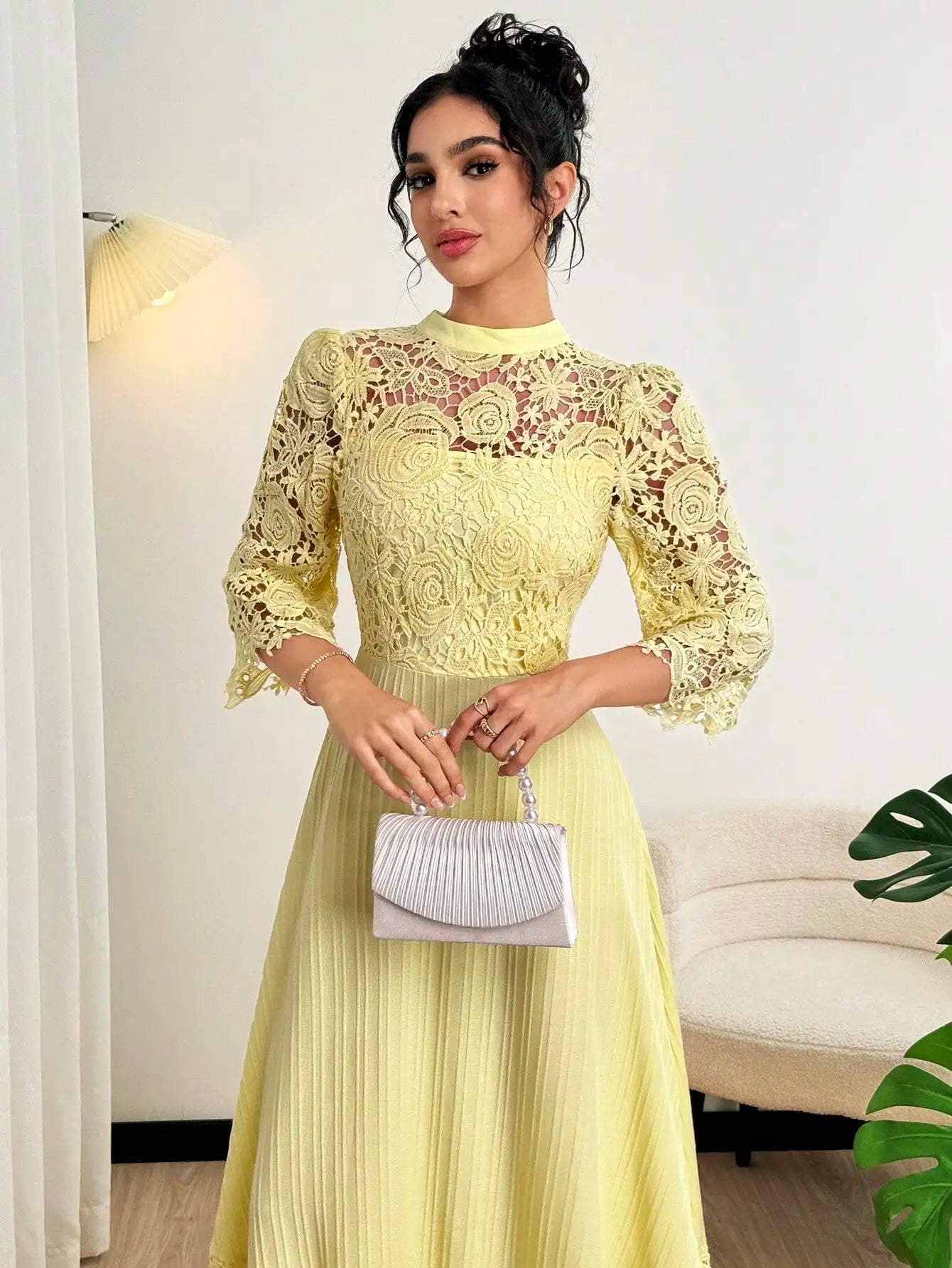 Yellow Lace Embroidered Floral Maxi Dress With Pleated Skirt And Flare Sleeves