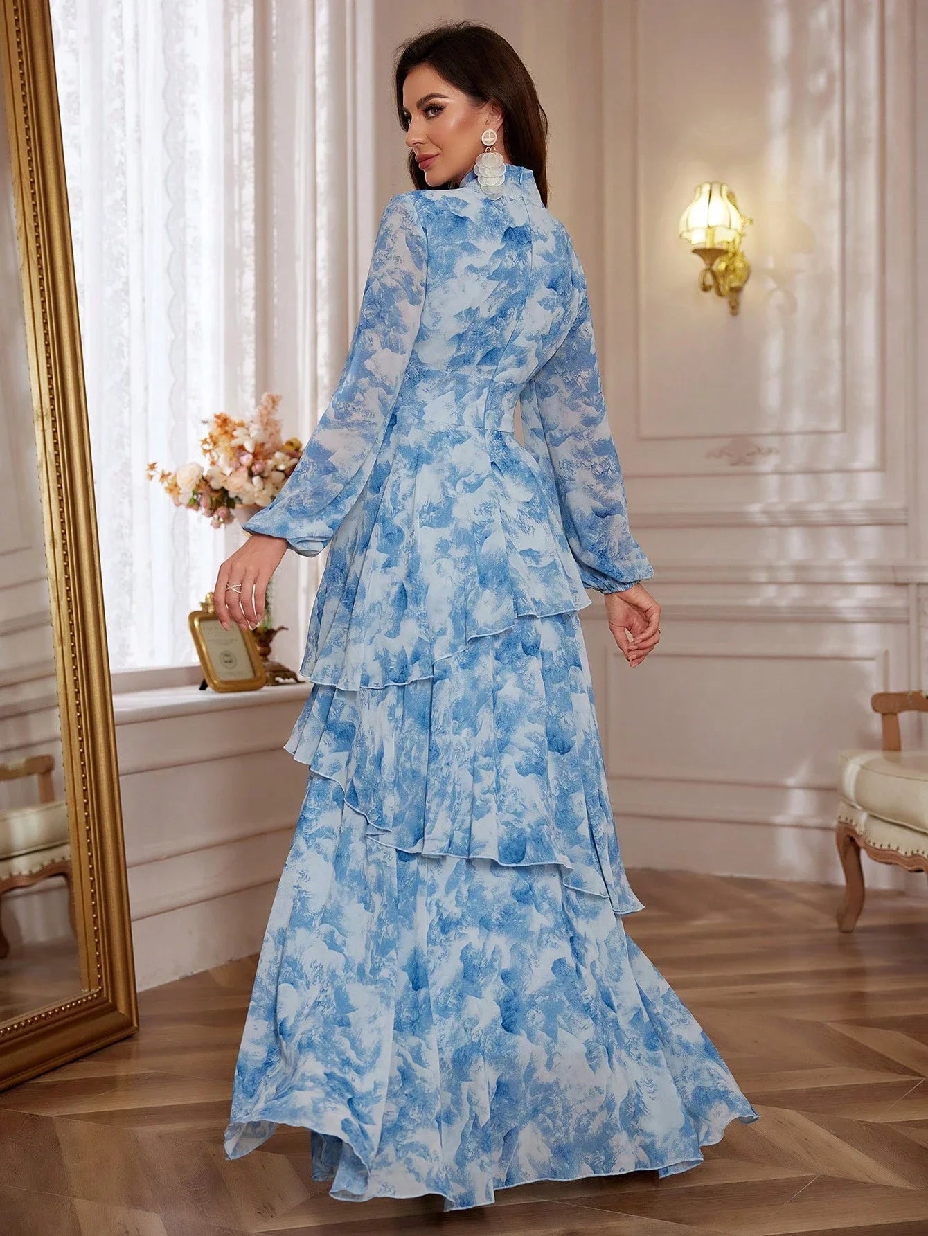 Women's Blue Floral Print Stand Collar Lantern Sleeve Ruffled Tiered Floor Length Elegant Dress