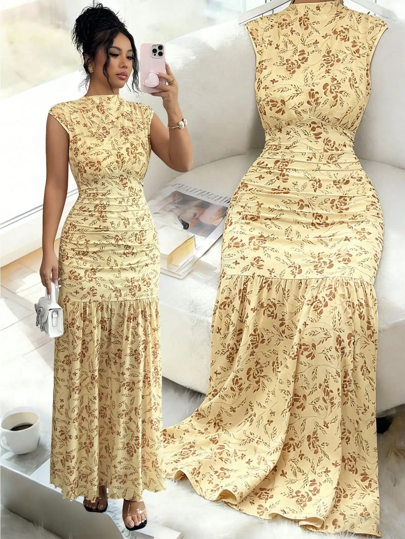 Yellow Floral Print Ruched Waist Elegant Floor-Length Dress For Women