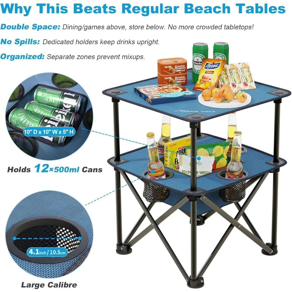 Foldable Camping Table with Cup Holders Basket Carry Bag for Picnic Beach BBQ
