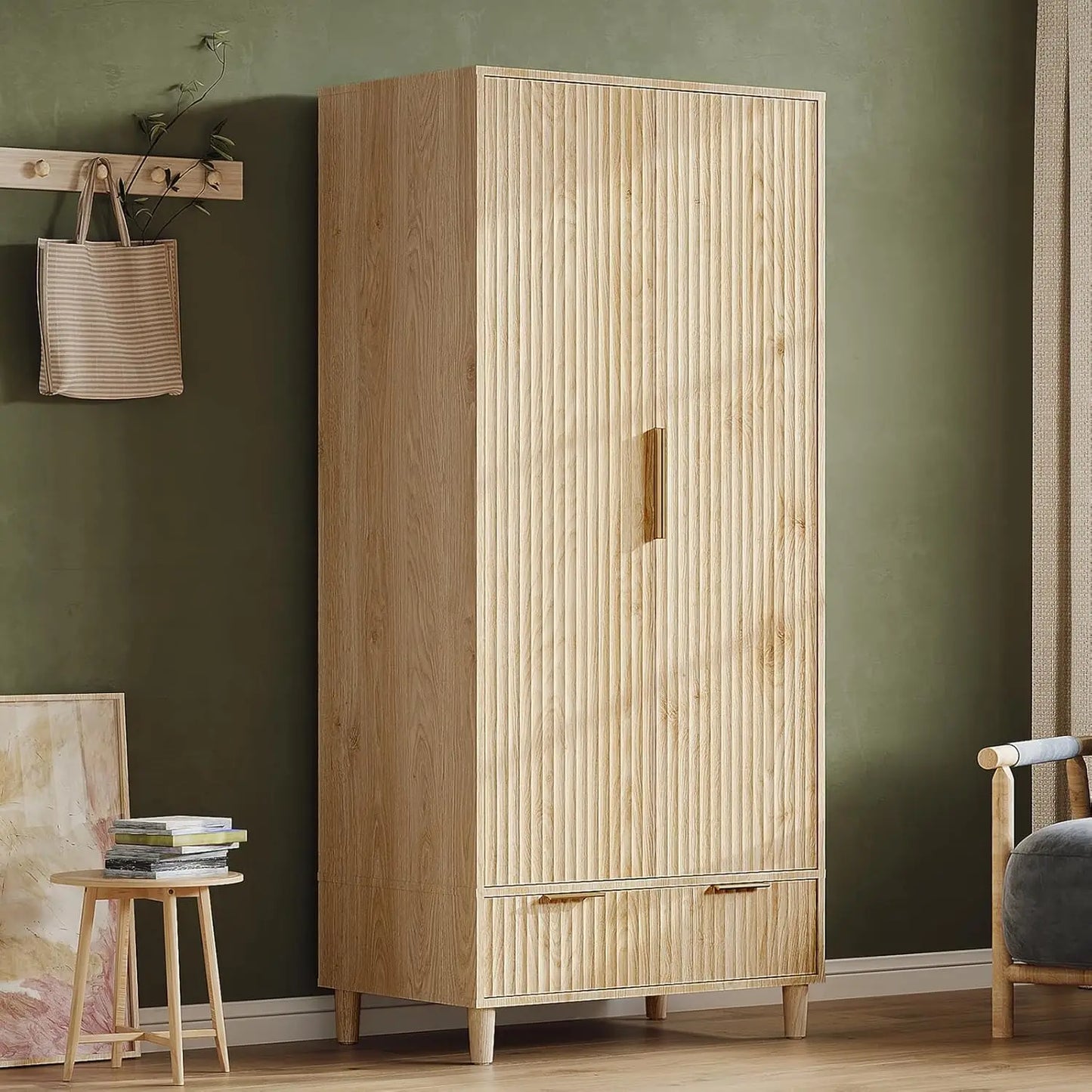 Fluted Wardrobe Closet Armoire with Doors And Drawers, Wardrobe Cabinet with Hanging Rack, Bedroom Closet Wood, Oak, Customized