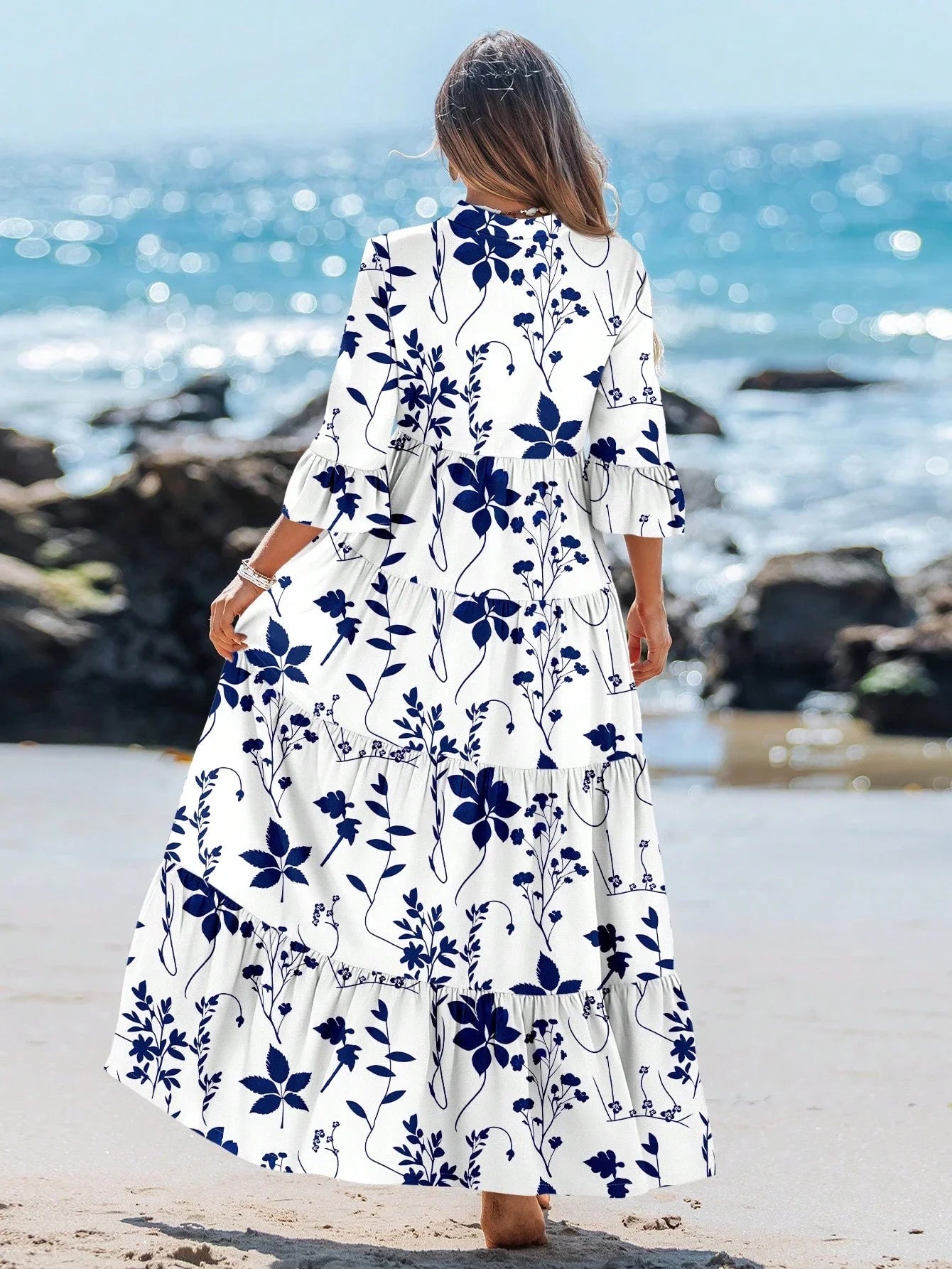 Women's Blue White Floral V-Neck Pleated Long Sleeve Maxi Dress Beach Vacation Summer