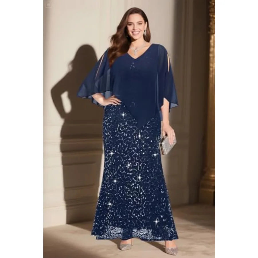Plus Size Formal Dress - Evening Sequin Lace Long Mermaid Prom Dress with Chiffon Overlay Cape