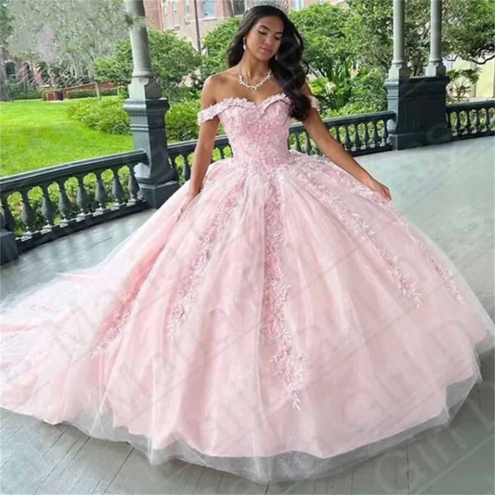Ball Wedding Beauty Pageant Pink Off-Shoulder Dance Party For  Party Lace Tulle Court Train Formal Birthday Princess Gowns