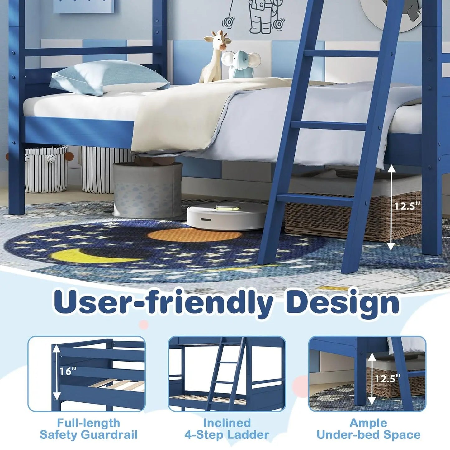 Twin Over Twin Bunk Bed for Kids, Solid Wood Bunk Bed with Ladder and Safety Guardrails, Convertible into 2, Customized