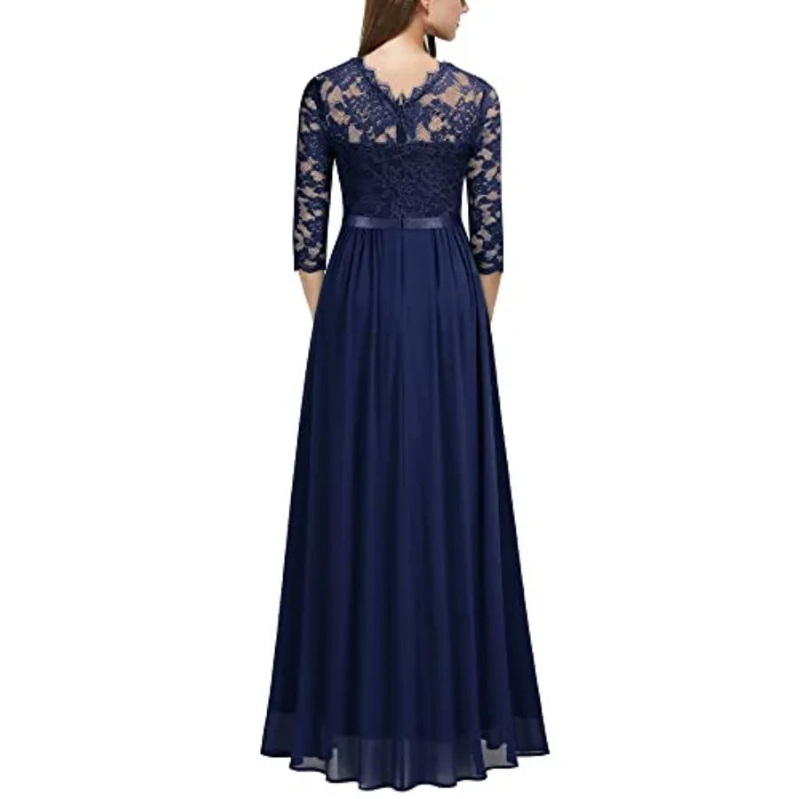 Women's Elegant Floral Lace 3/4 Sleeve Bridesmaid Formal Maxi Dress