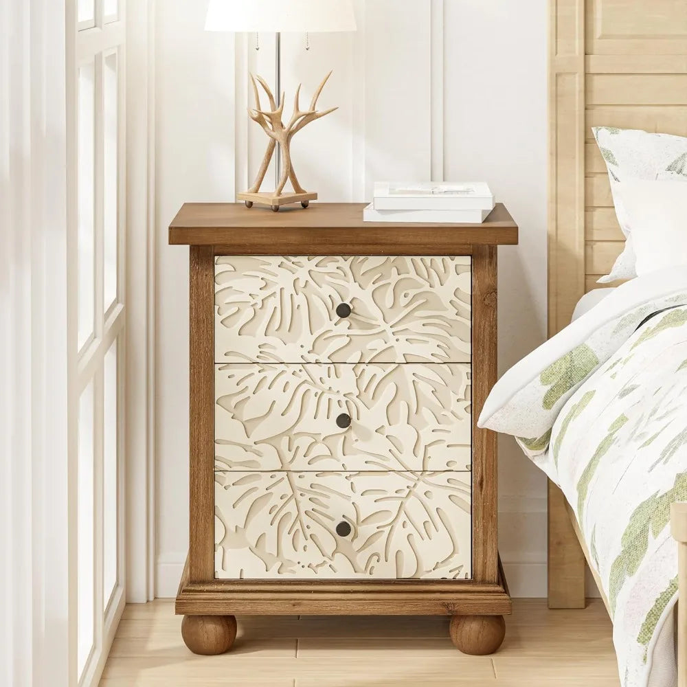 Farmhouse 3-Drawer Nightstand with Leaves Pattern Carved, Set of 2 Vintage French Country End Table for Bedroom,, Customized