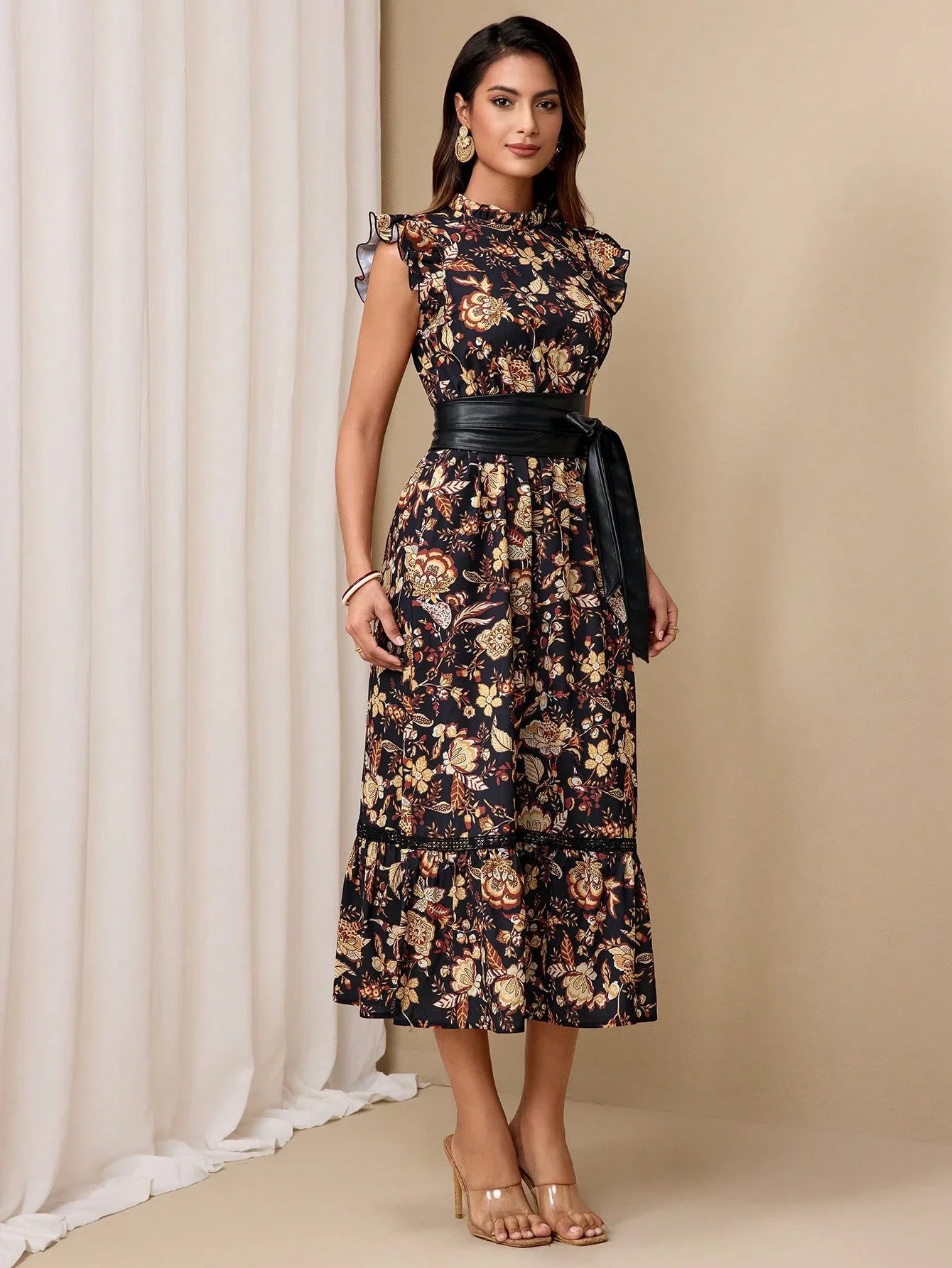 Elegant Floral Print Cinched Waist Midi Dress With Ruffle Sleeve