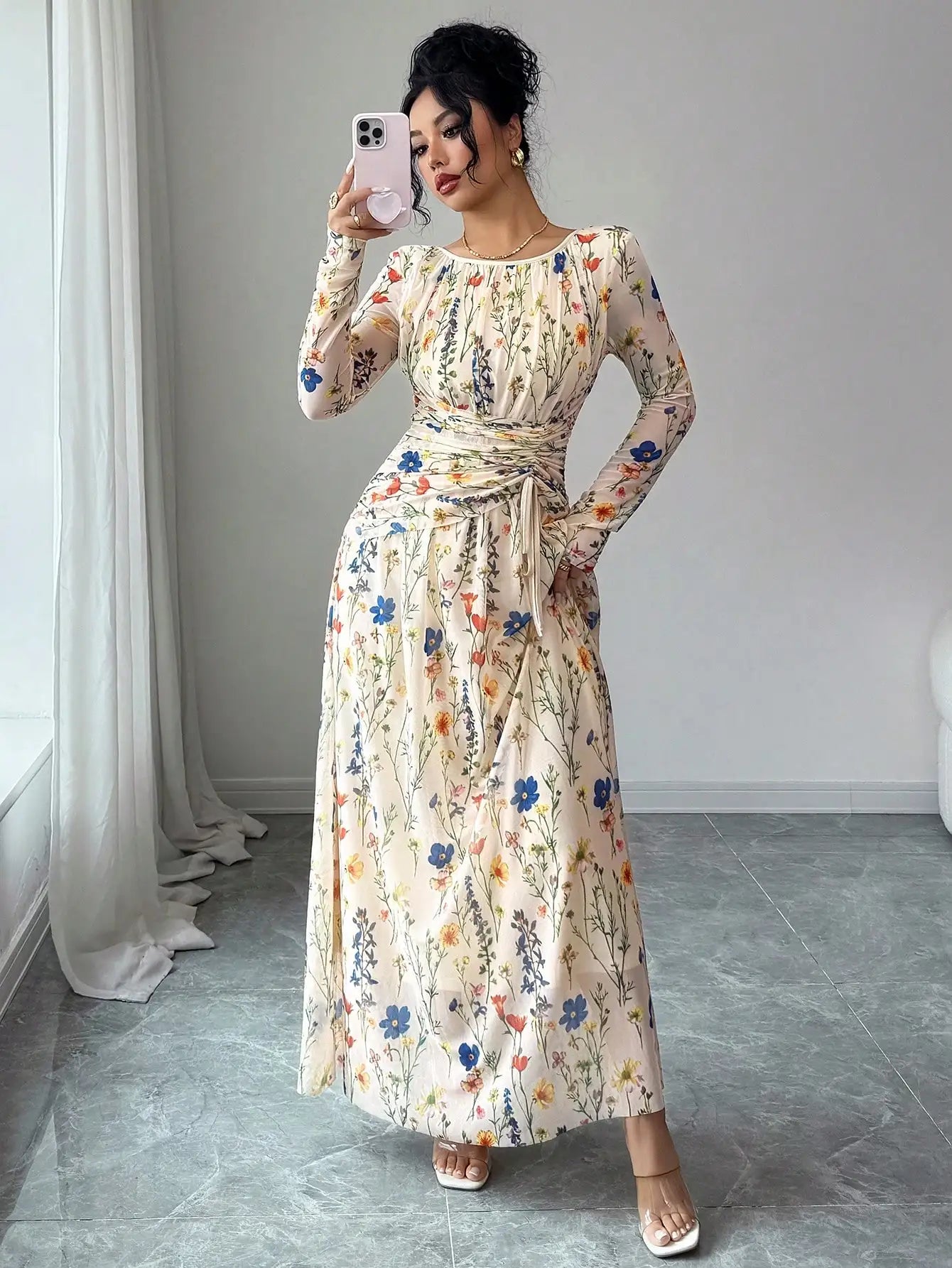 Elegant Floral Print Long Sleeve Maxi Dress With Drawstring Waist