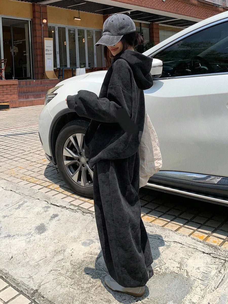 2pcs Set Women Hooded Casual Korean Style Sweatshirt And Loose Sweatpants Tracksuit
