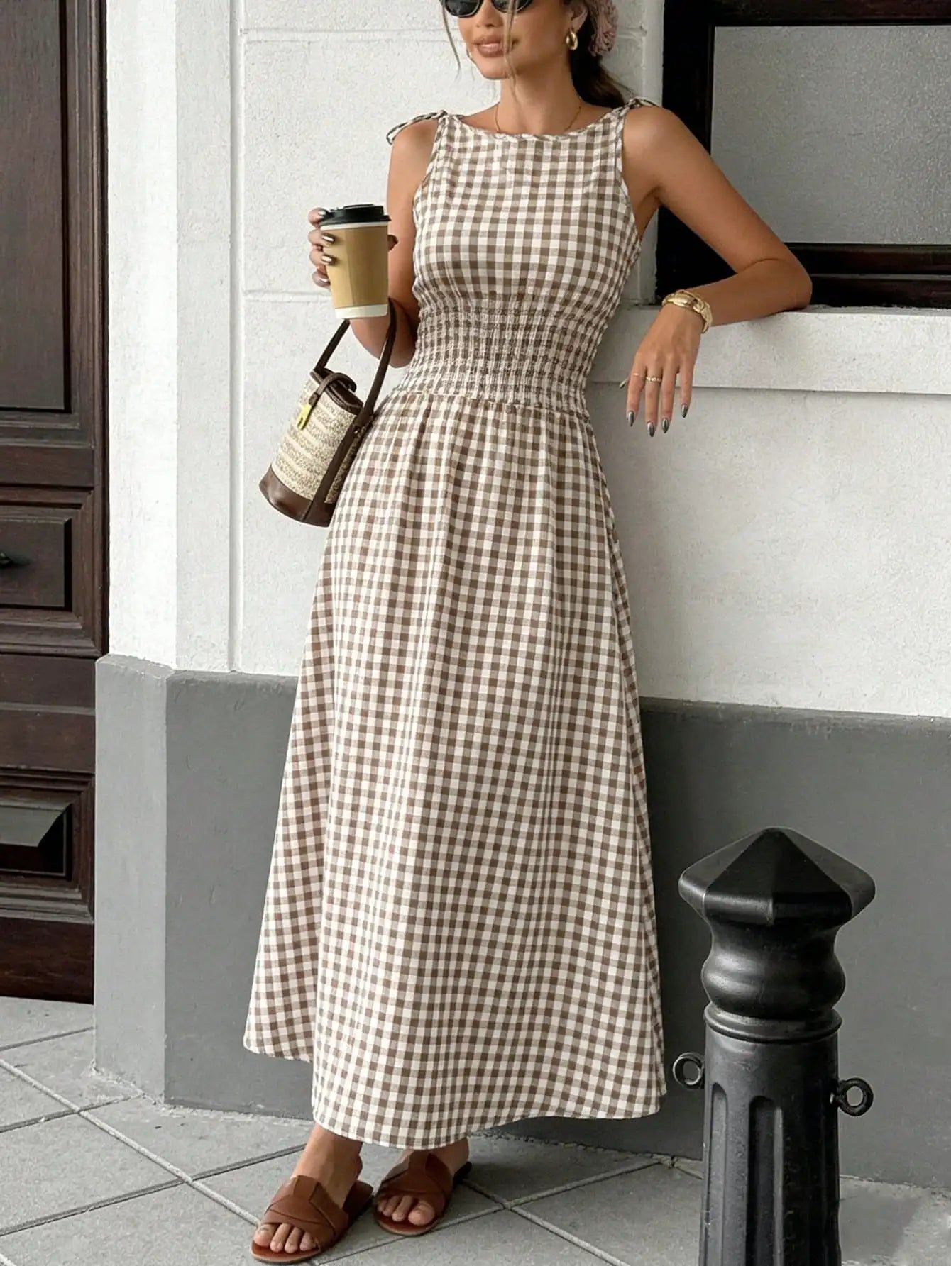 Brown Gingham Maxi Dress For Women Bow Tie Straps Smocked Waist Casual Elegant Summer Dress