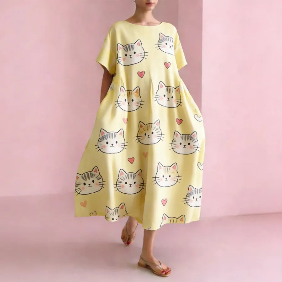 2026 European and American vacation style hit watercolor flower print dress loose mid-length dress