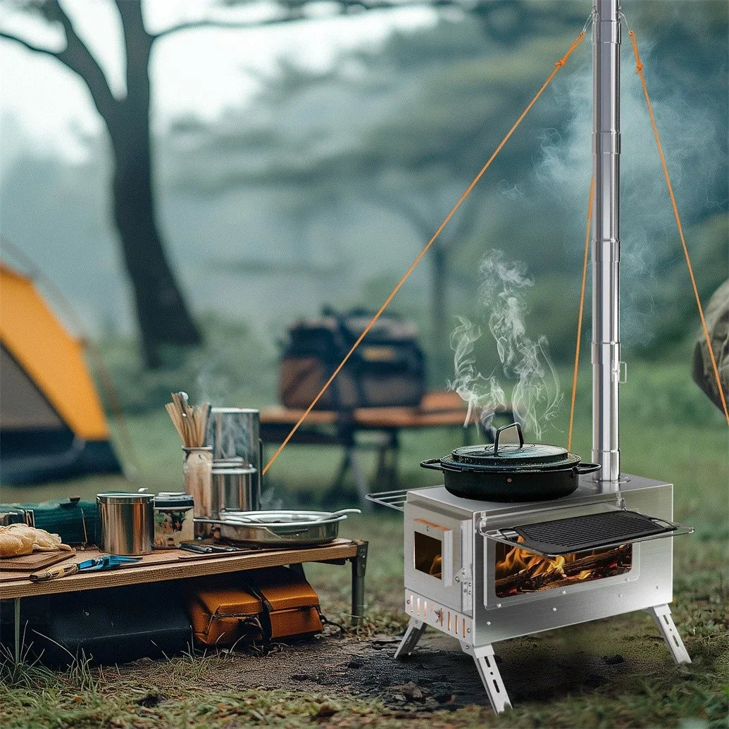 Portable Wood Burning Stove With 6 Stainless Chimney Pipes Outdoors