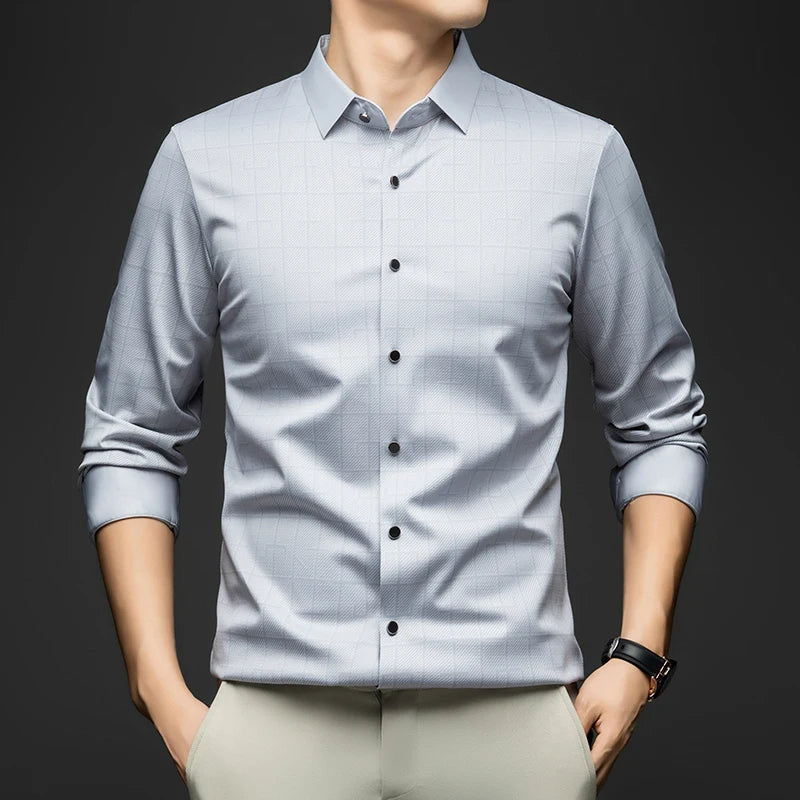 BROWON Plaid Shirt Men Long Sleeves 2026 Spring and Autumn Mulberry Silk Business Dress Shirt Man Casual Party Elegant Men Shirt