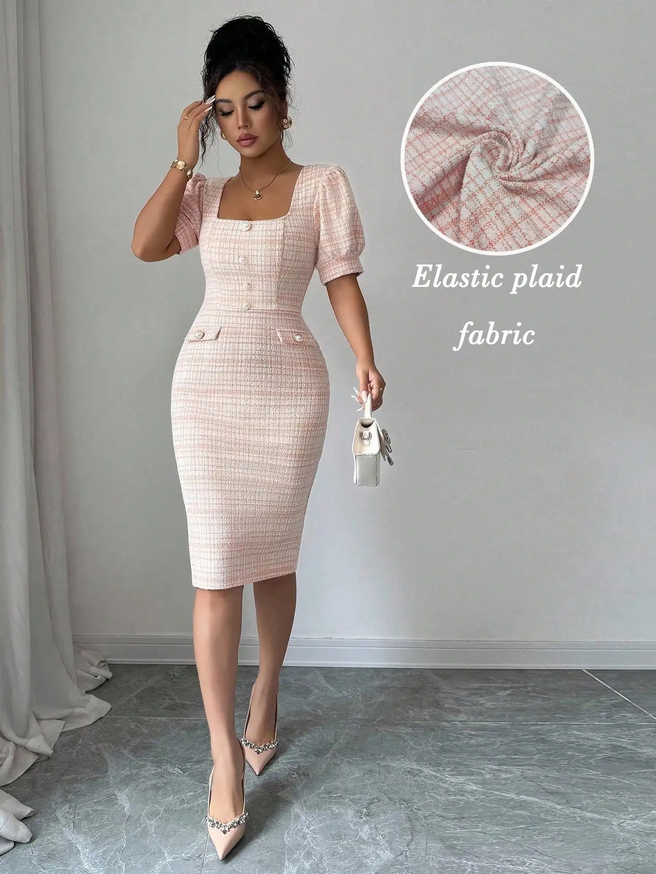 Elegant Plaid Puff Sleeve Square Neck Bodycon Dress For Women