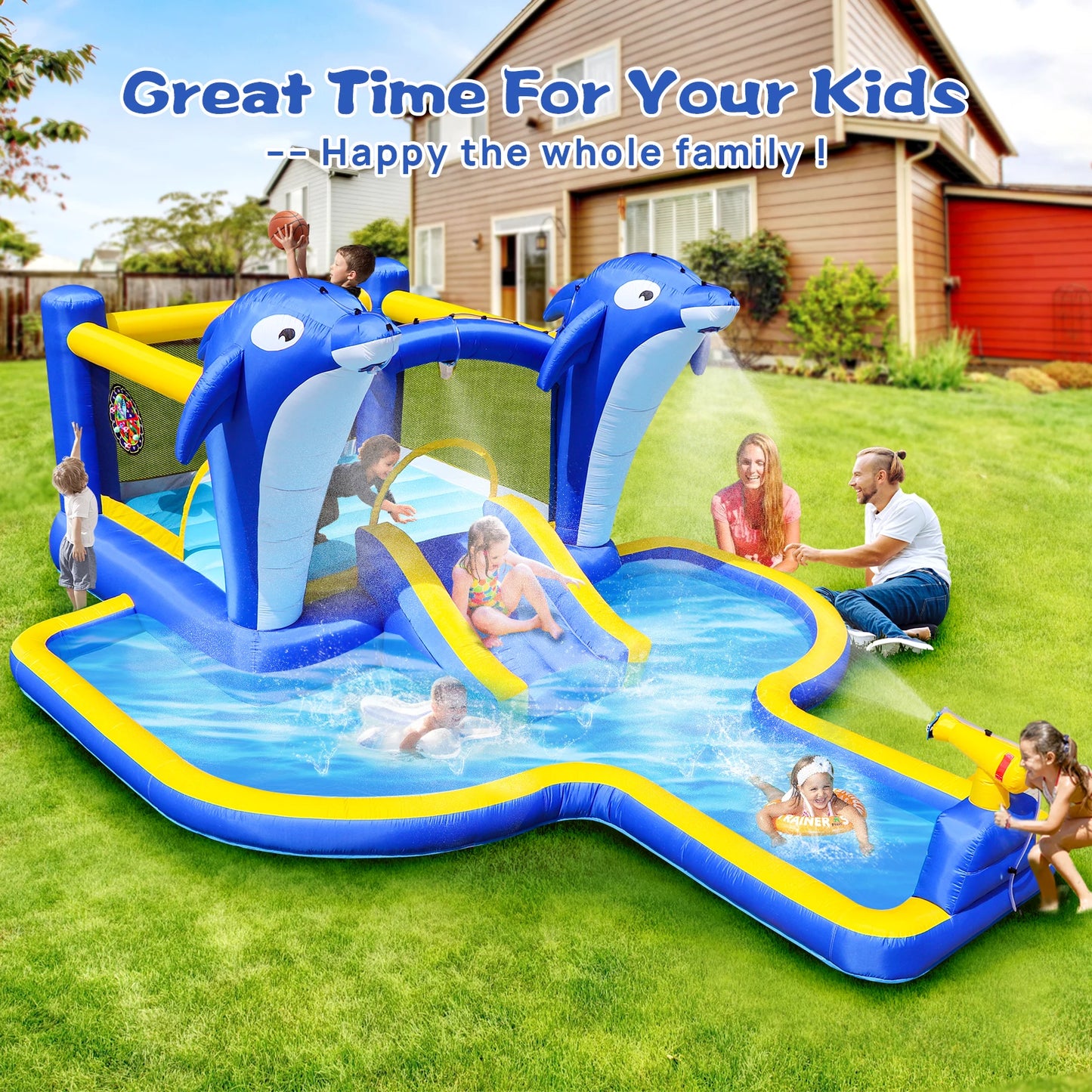 Elenxs 8 In 1 Inflatable Slide Water Park Trampoline Basketball