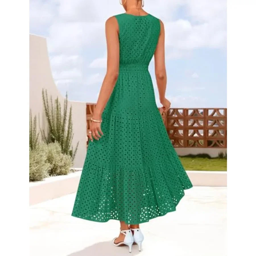 ZESICA Women's 2026 Summer Sleeveless Maxi Dress Casual V Neck Hollow Out Eyelet A Line Flowy Party Long Dresses