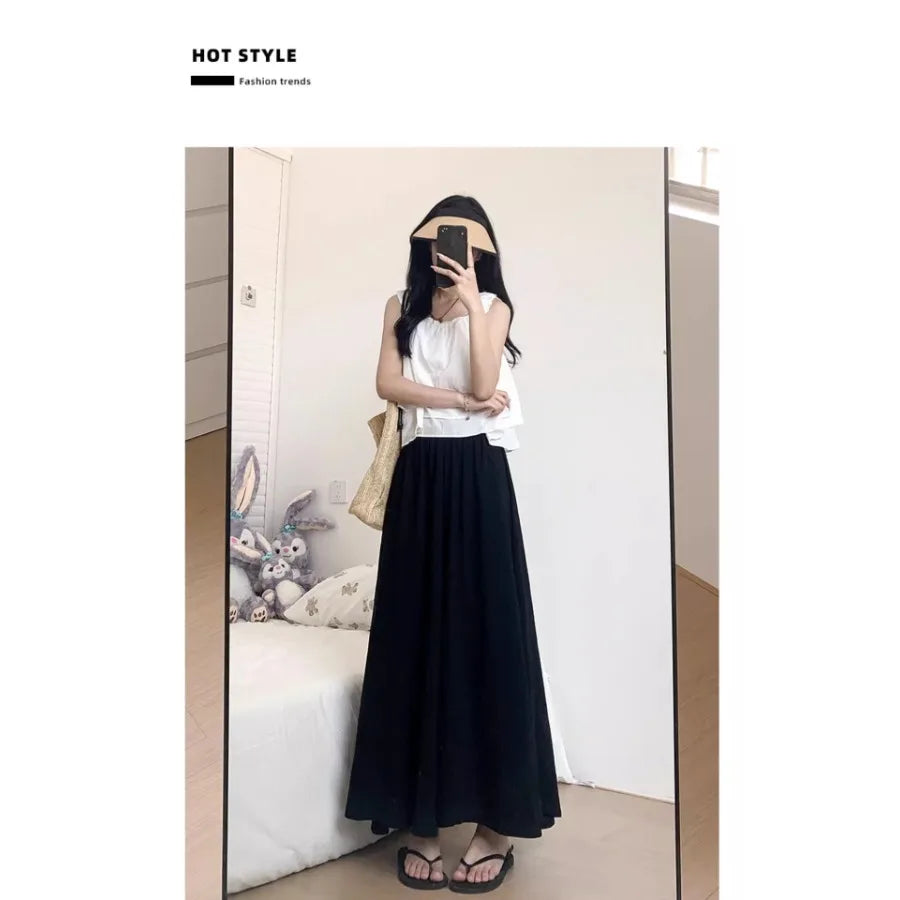 【HOT】A-line big swing culottes summer forest texture pleated skirt small man lazy mid-style long dress pleated